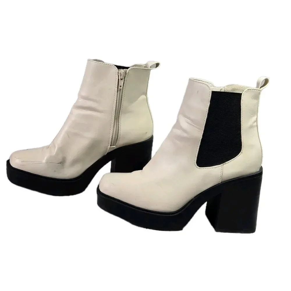 Mia Boots Womens 6.5 Gwyn Chelsea Platform Zip Ankle Bootie White Faux Leather